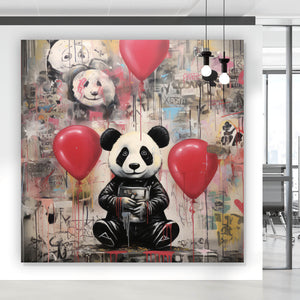 Aluminiumbild gebürstet Panda mit Luftballons Graffiti Stil Quadrat