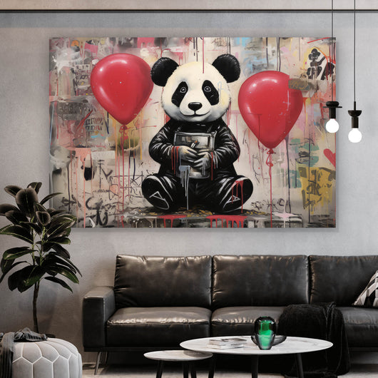 Aluminiumbild gebürstet Panda mit Luftballons Graffiti Stil Querformat