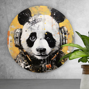 Aluminiumbild gebürstet Panda musikalisch mit Kopfhörern Kreis
