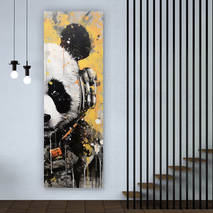Spannrahmenbild Panda musikalisch mit Kopfhörern Panorama Hoch