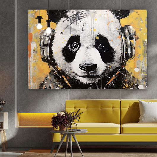 Acrylglasbild Panda musikalisch mit Kopfhörern Querformat