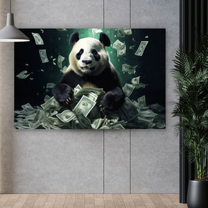 Acrylglasbild Panda schwimmt in Geldscheinen Querformat