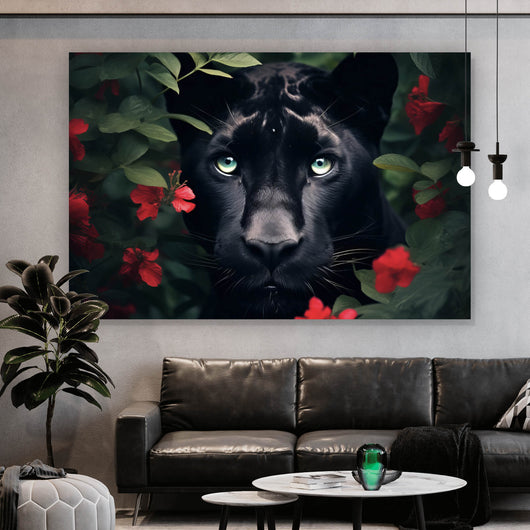 Poster Schwarzer Panther hinter roten Blüten Querformat