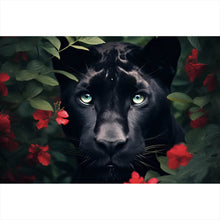 Lade das Bild in den Galerie-Viewer, Acrylglasbild Schwarzer Panther hinter roten Blüten Querformat
