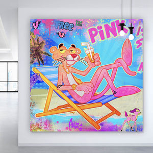 Leinwandbild Panther am Strand Pink Pop Art Quadrat