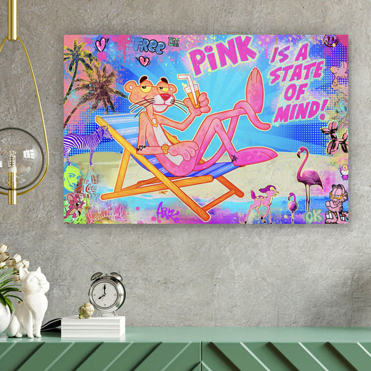 Leinwandbild Panther am Strand Pink Pop Art Querformat