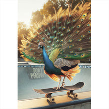 Lade das Bild in den Galerie-Viewer, Poster Pfau auf Skateboard mit prächtigen Federn Hochformat
