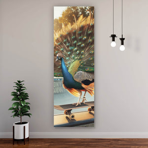 Poster Pfau auf Skateboard mit prächtigen Federn Panorama Hoch