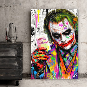 Leinwandbild Pop Art Joker mit Karte Hochformat