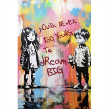 Lade das Bild in den Galerie-Viewer, Aluminiumbild Pop Art Kinder mit Ballons you are never too young Hochformat
