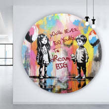 Lade das Bild in den Galerie-Viewer, Aluminiumbild Pop Art Kinder mit Ballons you are never too young Kreis
