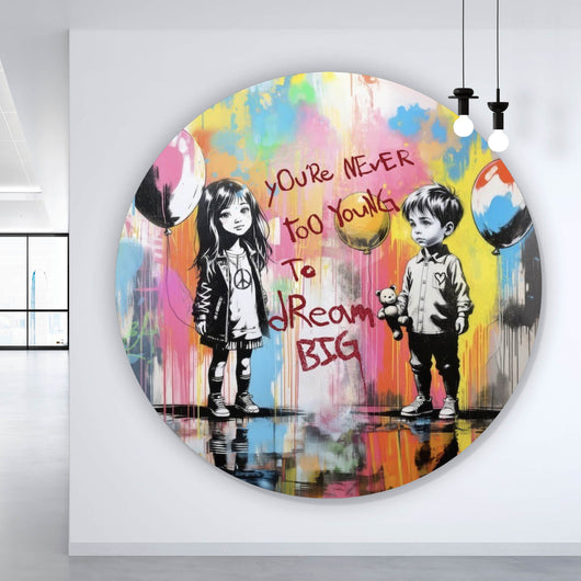 Aluminiumbild Pop Art Kinder mit Ballons you are never too young Kreis