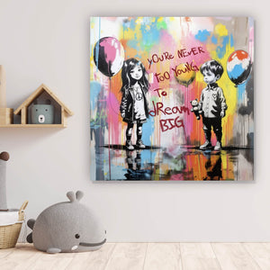 Leinwandbild Pop Art Kinder mit Ballons you are never too young Quadrat