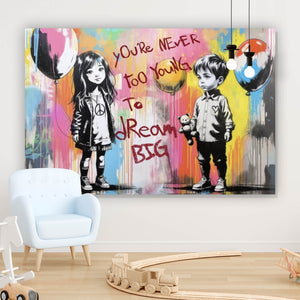 Leinwandbild Pop Art Kinder mit Ballons you are never too young Querformat