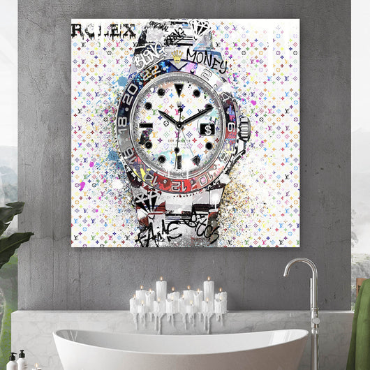 Spannrahmenbild Pop Art Uhr Bling Quadrat