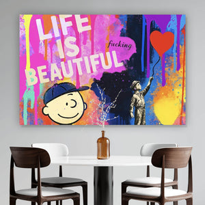 Aluminiumbild gebürstet Pop Art Wandbild mit inspirierendem Zitat Querformat
