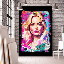 Lade das Bild in den Galerie-Viewer, Aluminiumbild gebürstet Porträt einer blonden Frau mit urbanen Graffiti Elementen Hochformat
