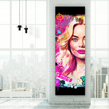 Lade das Bild in den Galerie-Viewer, Acrylglasbild Porträt einer blonden Frau mit urbanen Graffiti Elementen Panorama Hoch
