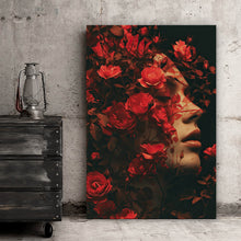 Lade das Bild in den Galerie-Viewer, Spannrahmenbild Porträt einer Frau umgeben von Blumen Hochformat
