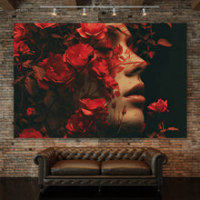 Lade das Bild in den Galerie-Viewer, Aluminiumbild Porträt einer Frau umgeben von Blumen Querformat
