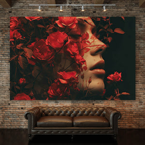 Acrylglasbild Porträt einer Frau umgeben von Blumen Querformat