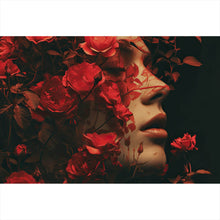 Lade das Bild in den Galerie-Viewer, Aluminiumbild Porträt einer Frau umgeben von Blumen Querformat
