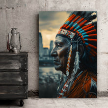 Lade das Bild in den Galerie-Viewer, Poster Porträt eines Indianers vor moderner Skyline Hochformat
