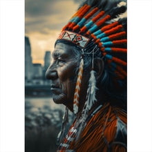 Lade das Bild in den Galerie-Viewer, Leinwandbild Porträt eines Indianers vor moderner Skyline Hochformat
