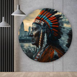 Aluminiumbild Porträt eines Indianers vor moderner Skyline Kreis