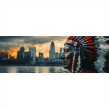 Lade das Bild in den Galerie-Viewer, Aluminiumbild Porträt eines Indianers vor moderner Skyline Panorama
