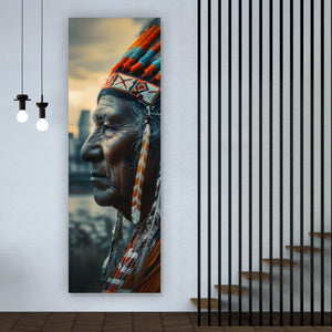 Acrylglasbild Porträt eines Indianers vor moderner Skyline Panorama Hoch