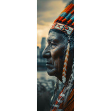 Lade das Bild in den Galerie-Viewer, Acrylglasbild Porträt eines Indianers vor moderner Skyline Panorama Hoch
