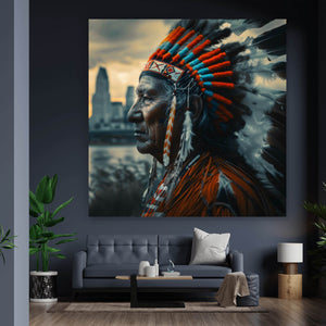 Aluminiumbild Porträt eines Indianers vor moderner Skyline Quadrat