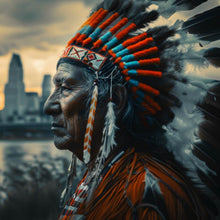 Lade das Bild in den Galerie-Viewer, Aluminiumbild Porträt eines Indianers vor moderner Skyline Quadrat

