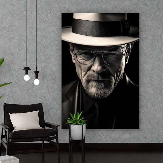 Aluminiumbild gebürstet Porträt eines Mannes mit Hut und Brille Hochformat