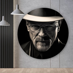 Aluminiumbild Porträt eines Mannes mit Hut und Brille Kreis