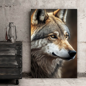 Leinwandbild Portrait eines ausdrucksstarken Wolfes Hochformat