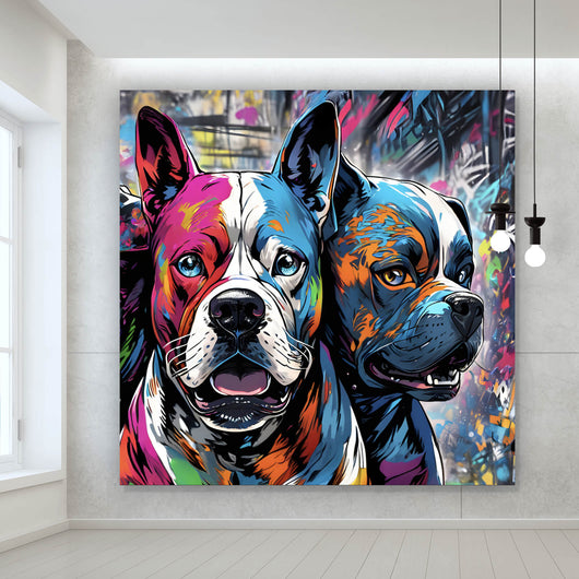 Acrylglasbild Portrait von drei Hunden Pop Art Quadrat