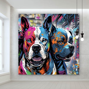 Aluminiumbild Portrait von drei Hunden Pop Art Quadrat