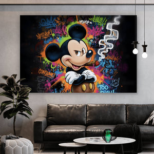 Leinwandbild Rauchende Maus auf Graffitiwand Querformat