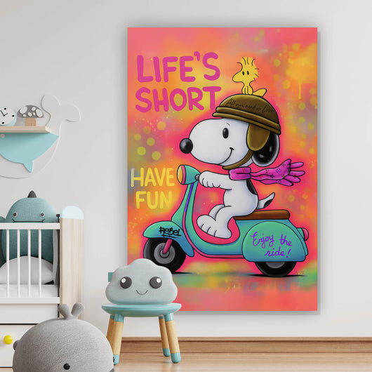 Poster Retro Cartoon Hund fährt Roller Pop Art Hochformat