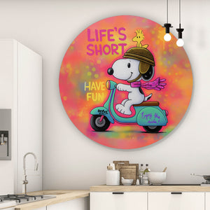 Aluminiumbild Retro Cartoon Hund fährt Roller Pop Art Kreis