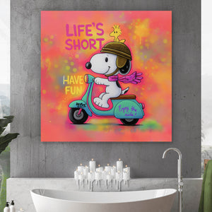 Leinwandbild Retro Cartoon Hund fährt Roller Pop Art Quadrat