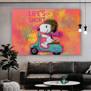 Acrylglasbild Retro Cartoon Hund fährt Roller Pop Art Querformat