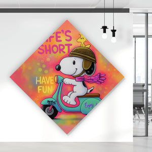 Poster Retro Cartoon Hund fährt Roller Pop Art Raute