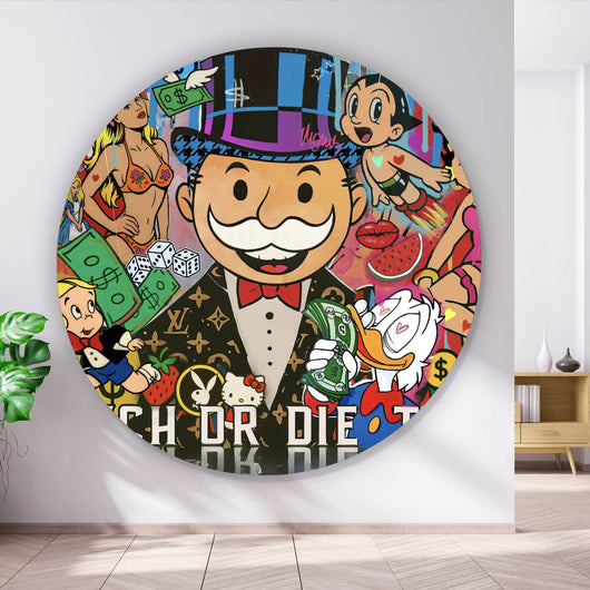 Aluminiumbild gebürstet Verschiedene Comicfiguren im Pop Art Stil Kreis