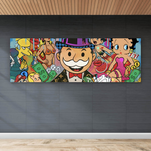 Aluminiumbild gebürstet Verschiedene Comicfiguren im Pop Art Stil Panorama