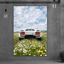 Lade das Bild in den Galerie-Viewer, Aluminiumbild gebürstet Retro Sportwagen in malerischer Landschaft Hochformat
