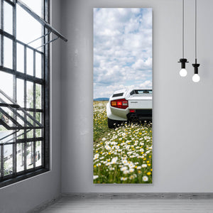 Spannrahmenbild Retro Sportwagen in malerischer Landschaft Panorama Hoch