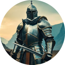 Lade das Bild in den Galerie-Viewer, Aluminiumbild gebürstet Ritter majestätisch mit zwei Schwertern Kreis
